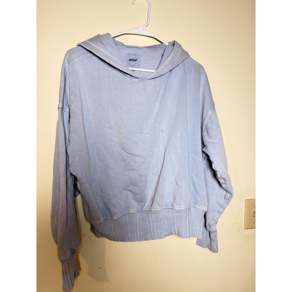 Aerie Womens Blue Cropped Hoodie Oversized Ribbed Hem Sweatshirt Size Medium